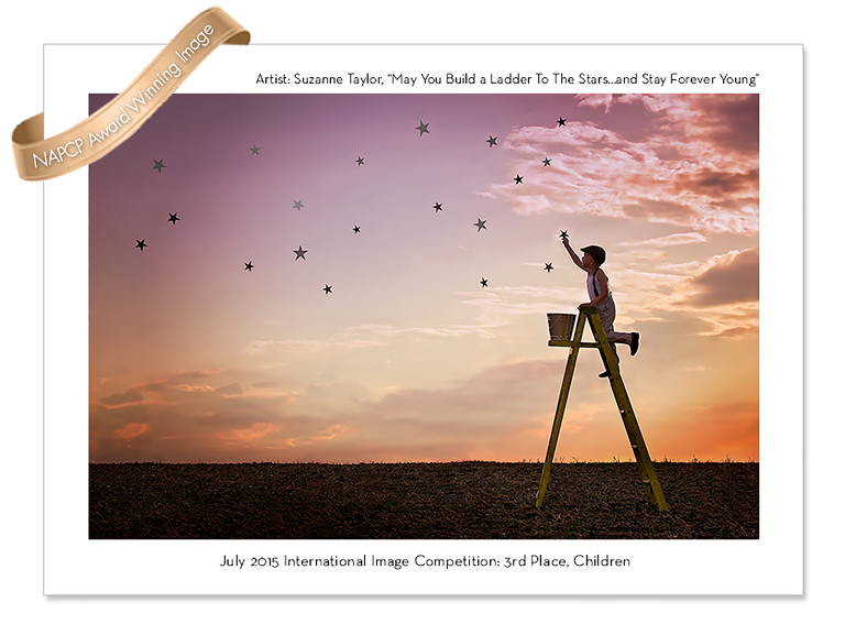 Award winning image of a young boy on a ladder at sunset placing stars in the sky